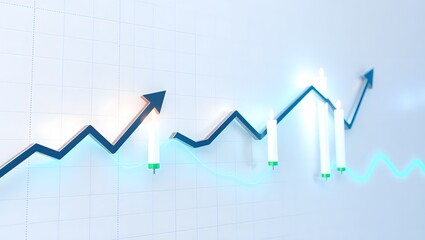 A dynamic stock market chart with an upward-pointing arrow on a red background illustrates financial growth and investment success