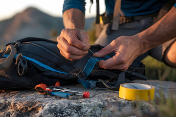 Hiker Repairs Backpack Straps Outdoors. A close up shot of a man's hands meticulously sewing a backpack strap outdoors. AI Generated 