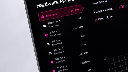 Close-up of a computer screen displaying a hardware monitor interface with CPU and system fan RPM data for performance analysis, optimization, and system building - Powered by Adobe