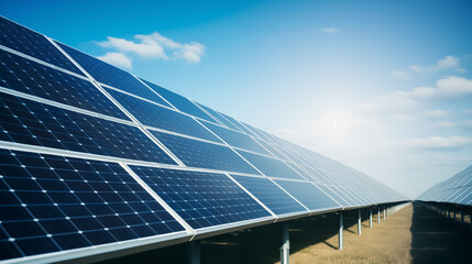 Rows of Solar Panels in Open Landscape Generating Renewable Solar Energy Under Clear Sky, Solar Farm Clear Blue Sky