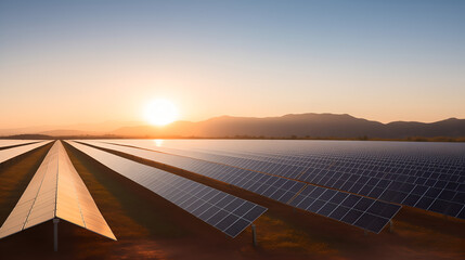 Sunset Over Solar Farm with Rows of Solar Panels Generating Clean Renewable Energy, Sunset Solar Farm, Solar Power Generation, Clean Energy at Sunset 


