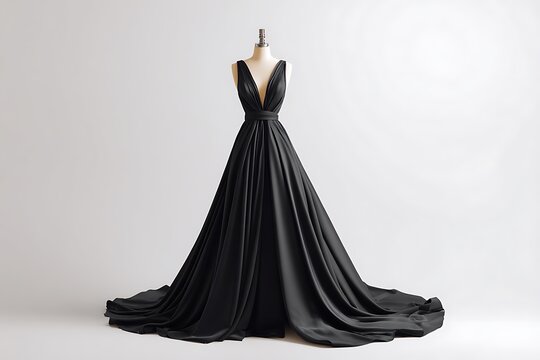 Elegant black gown on mannequin isolated against white, perfect for bridal collection, fashion boutique, or special occasion designs and promotions