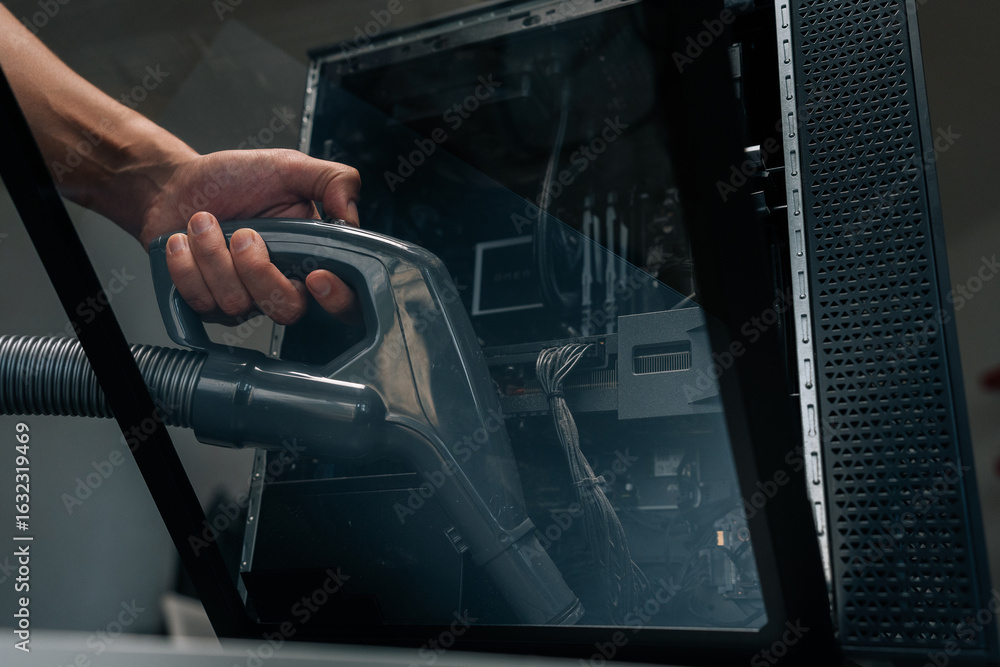 Poster close-up of technician using vacuum cleaner to remove dust and debris from inside computer case, per