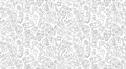 Obraz premium Seamless black and white doodle pattern with cute cartoon monsters and abstract shapes. An intricate, hand-drawn design for a coloring page.