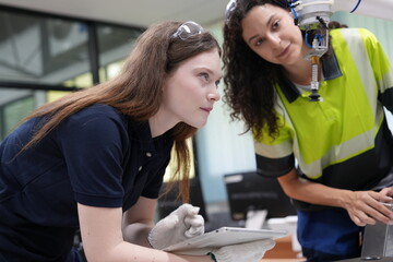 Two female engineers learn programming software for automated manufacturing technology and for use...