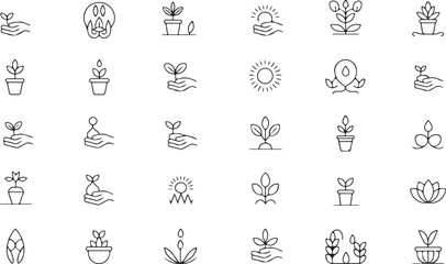 Collection of linear icons showcasing growth plants and hands in vector format ideal for ecological and sustainable themes