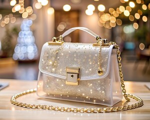 Sparkling transparent handbag with gold chain strap