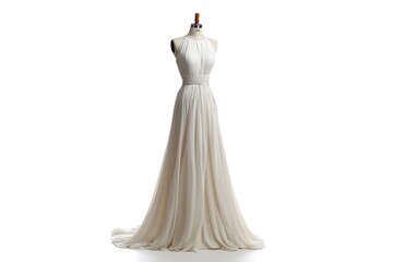 Elegant flowing chiffon wedding gown on mannequin for bridal boutique promotion or fashion design showcase with classic romantic style appeal