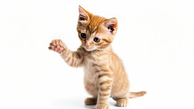 Adorable orange tabby kitten sits on plain white background. It playfully raises its paw. kitten's fur is mix orange, white, its eyes gaze out with curiosity.