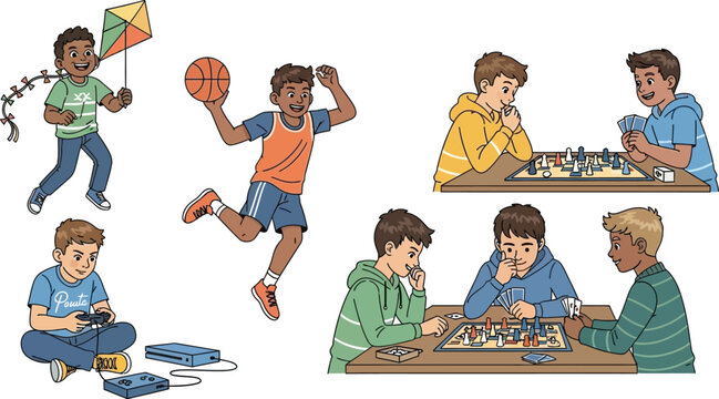 Illustration of boys engaged in various activities including sports and board games on white background