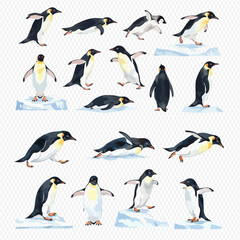 Naklejka premium A collection of watercolor illustrations showing penguins in various dynamic poses like standing, walking, and sliding.