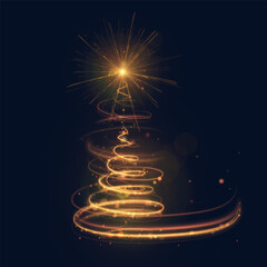 Golden spiral Christmas tree made from glittering light strips with a bright star on top on a dark background. For holiday cards, banners and New Year's decor projects.