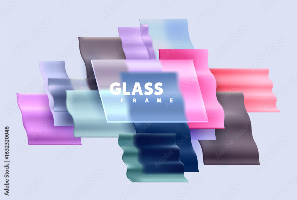 Poster 33d wavy squares and rectangles in liquid glass style. transparent frame for text with geometric sha