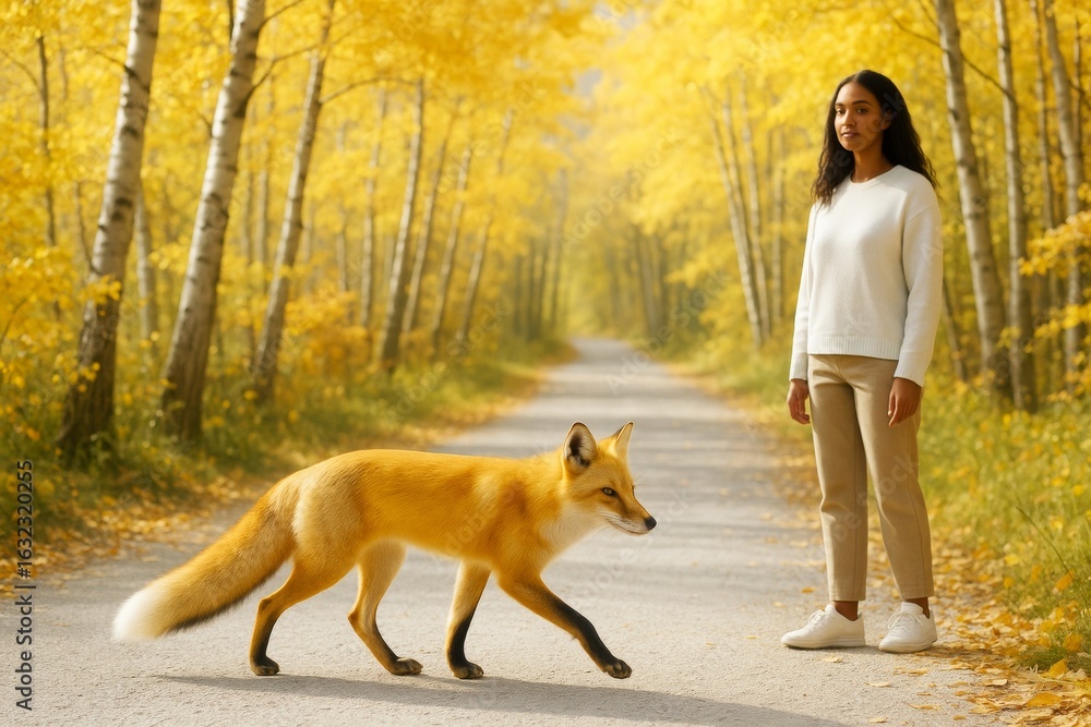 Poster woman standing on forest path while a red fox walks by during sunny autumn day with golden birch tre