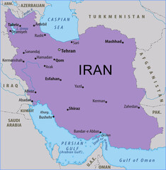 Fototapeta premium Vector political, physical, geographical world map. Fragment of asia region with iran, kuwait, persian gulf, oman gulf, turkmenistan, afghanistan, tehran, mashhad, shiraz, esfahan, tabriz, qom.