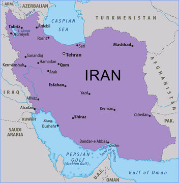 Vector political, physical, geographical
world map. Fragment of asia region with 
iran, kuwait, persian gulf, oman gulf,
turkmenistan, afghanistan, tehran,
mashhad, shiraz, esfahan, tabriz, qom.