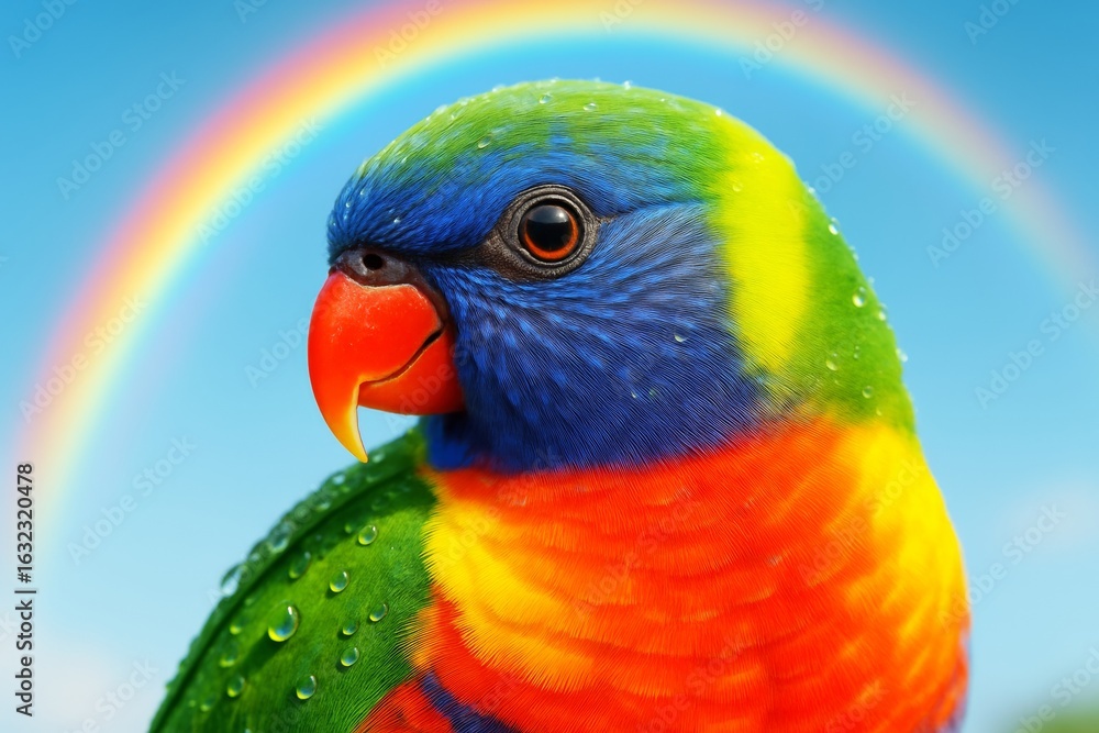 Aufkleber close-up of colorful parrot with water droplets on feathers and a rainbow in the background on a bri