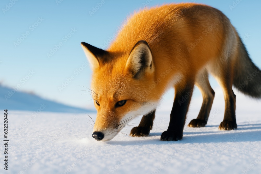 Poster close-up of curious red fox sniffing snow in winter landscape under clear sky with soft natural ligh