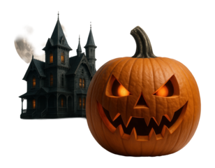 A carved jack-o'-lantern with a menacing expression stands in front of a spooky haunted house and a full moon on transparent background.