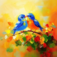 Fototapeta premium Two vibrant birds, blue and orange, perched on a branch laden with colorful leaves, in a style of bold, impasto painting. Sunlight bathes the scene in warm hues