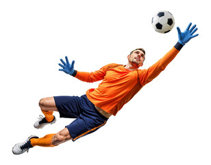 Pro male soccer goalkeeper jumping for dramatic save to catch a ball midair