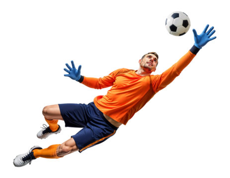 Pro male soccer goalkeeper jumping for dramatic save to catch a ball midair