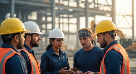 Team conducting safety briefing before starting tasks at industrial construction zone.