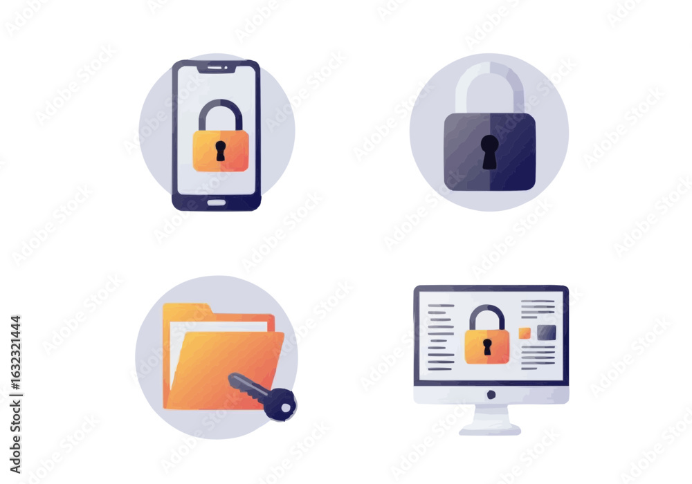 Poster vector illustration showing security concepts with phone, lock, folder, and computer.