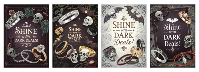 Set of four posters featuring gothic jewelry with skulls rings and intricate designs