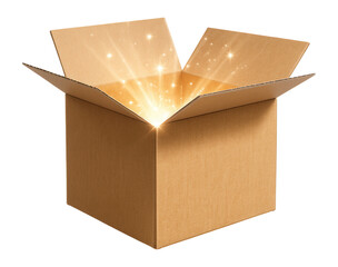 Open cardboard box emitting magical glowing light and sparkles on transparent background.