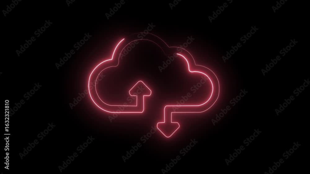 Poster glowing color flicker. neon cloud storage with arrows, cloud computing glowing .cloud computing glow