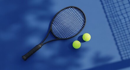 Professional tennis racket with two yellow tennis balls on bright blue court surface with net shadow. Perfect sports equipment and recreation concept.