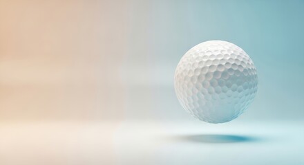A 3D render of a single white golf ball floating in the air, casting a shadow on a smooth surface. The background is a soft, pastel gradient of blue and orange. Perfect for graphic design projects.