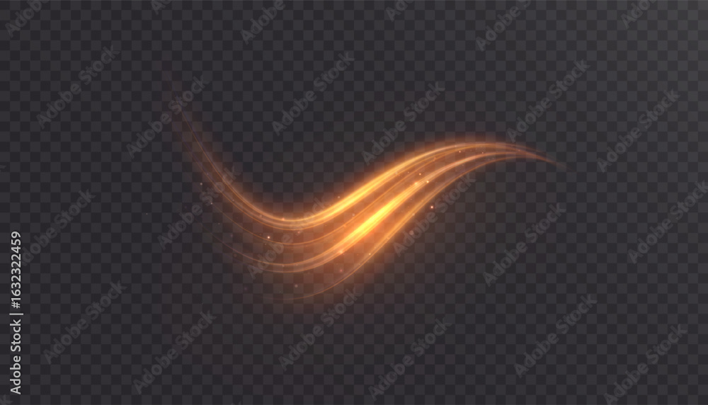 Poster bright, bright gold, glowing curved line with magic light effect. glow effect for game interface des