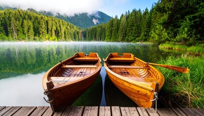 Fototapeta premium Two wooden rowboats anchored on a serene lake surrounded by lush greenery