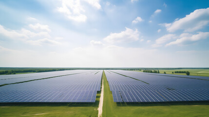Rows of Solar Panels in Open Landscape Generating Renewable Solar Energy Under Clear Sky, Solar Farm Clear Blue Sky