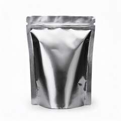 Glossy silver foil pouch with clean design, ideal for branding high-end food, supplements, or coffee.