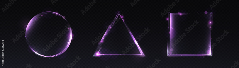 Poster glowing purple geometric frames with sparkling particles forming circle, triangle and rectangle shap