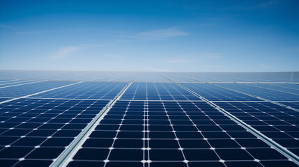 Rows of Solar Panels in Open Landscape Generating Renewable Solar Energy Under Clear Sky, Solar Farm Clear Blue Sky