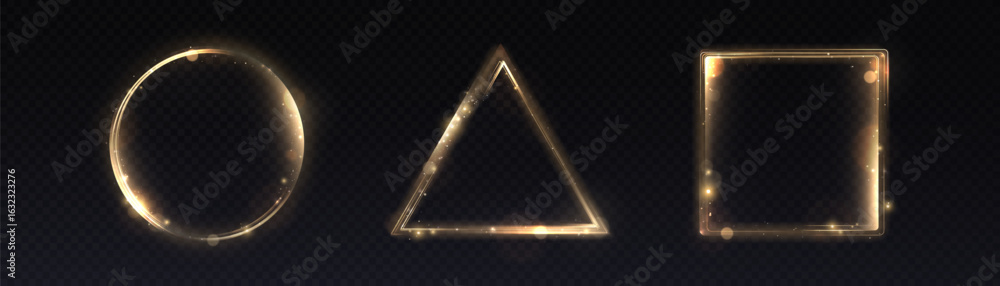 Poster Set of glowing golden geometric shapes with sparkling particles: round, triangle and rectangular frames on dark background.