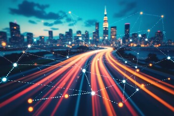 Fototapeta premium Photo of abstract network of glowing lights over a city skyline at night with light trails from traffic on a highway