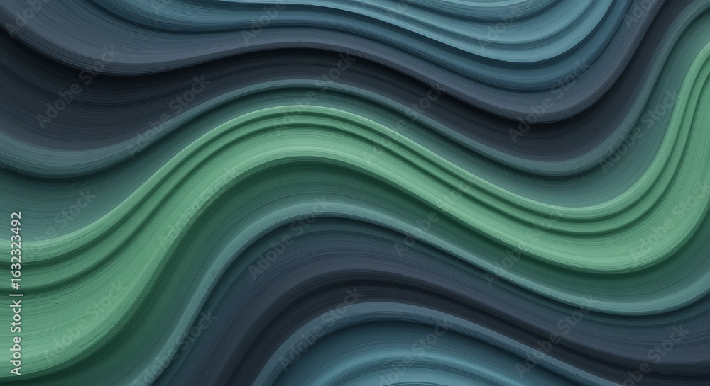 Poster elegant wavy background design with smooth, flowing lines in deep green and blue tones, creating an 