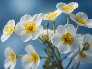 Fototapeta premium Spring forest white flowers primroses on a beautiful blue background macro