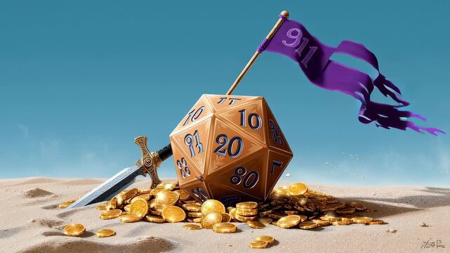 A giant D20 die rests on a pile of gold coins in a desert, fantasy scene.