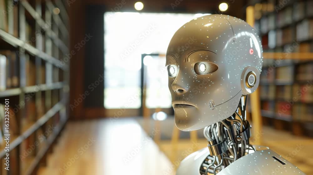 Poster robot interacts with books in a modern library setting showcasing technology and literature blend