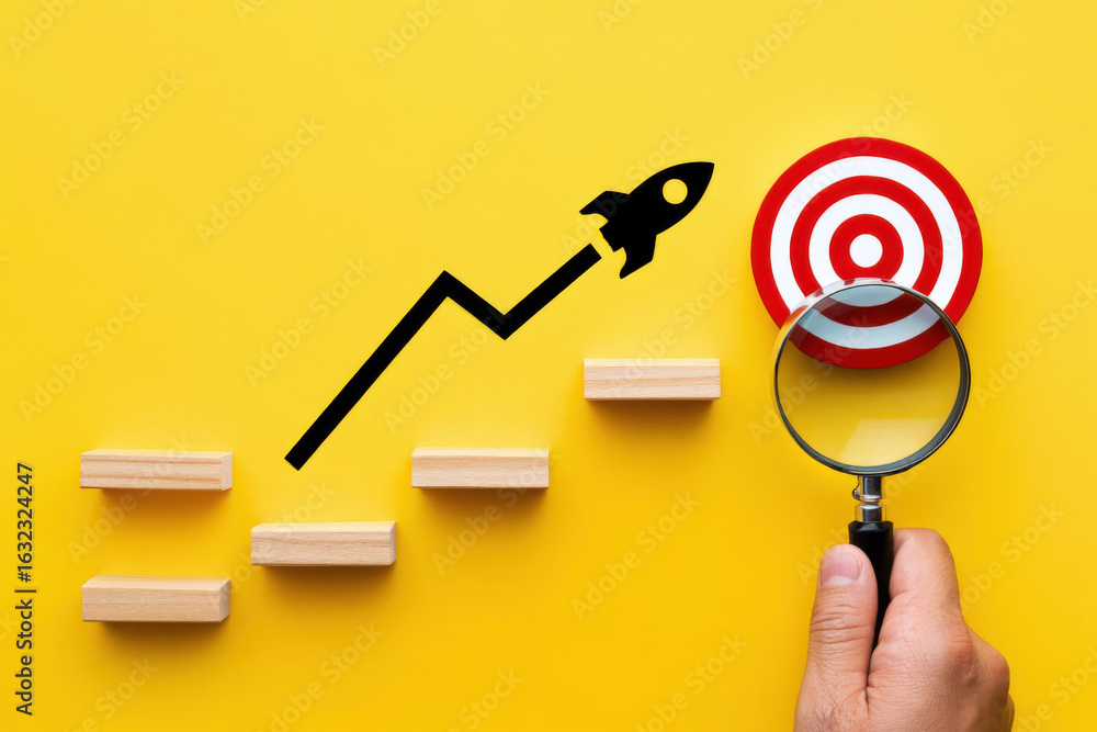 Poster achieving goals a conceptual image of a rocket launching up a staircase towards a target symbolizing