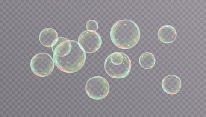Realistic translucent soap bubbles with rainbow reflections. For designer decoration of advertising compositions, summer themes and creative illustrations.