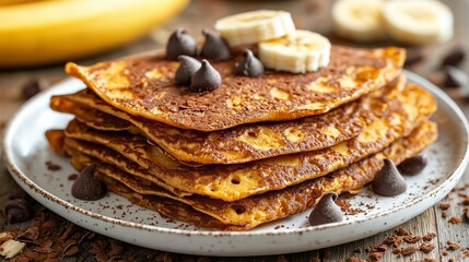 Stack of pancakes with banana slices and chocolate chips on a plate.