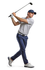 Male golfer in mid-swing action with his golf club on isolated background