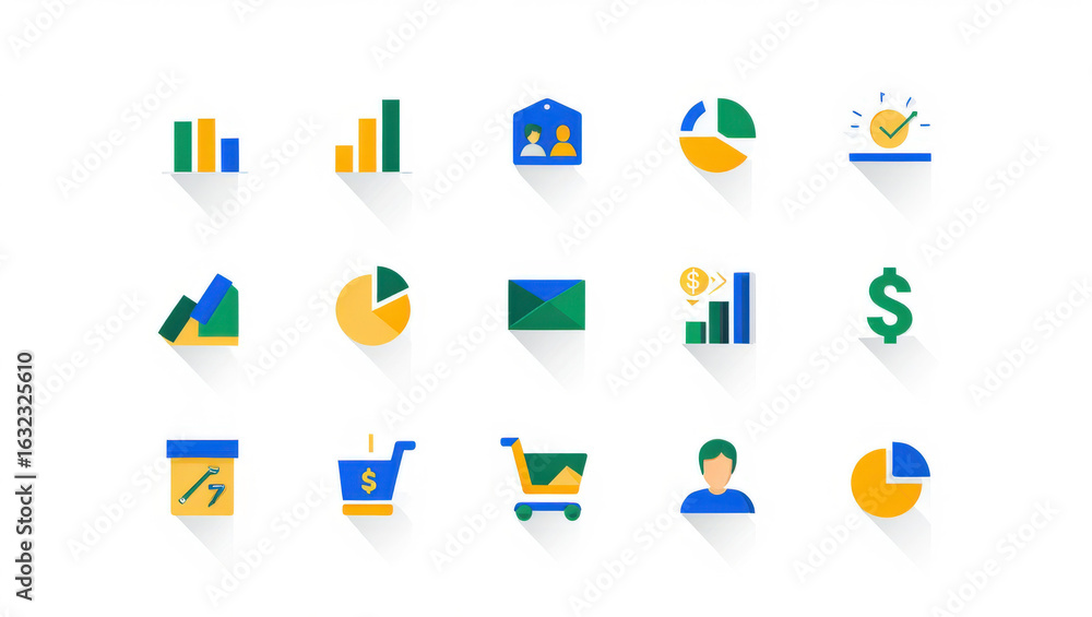 Poster collection of flat design business and finance icons a set of colorful symbols representing various 